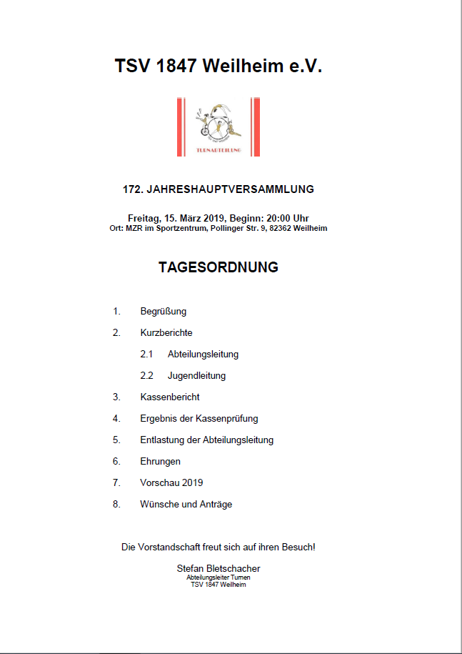 Tagesordnung JHV 2019
